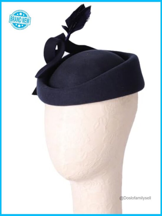 Wool Felt Fascinator Hat with Feather - Classic Formal Pillbox for Wedding Tea main image 5